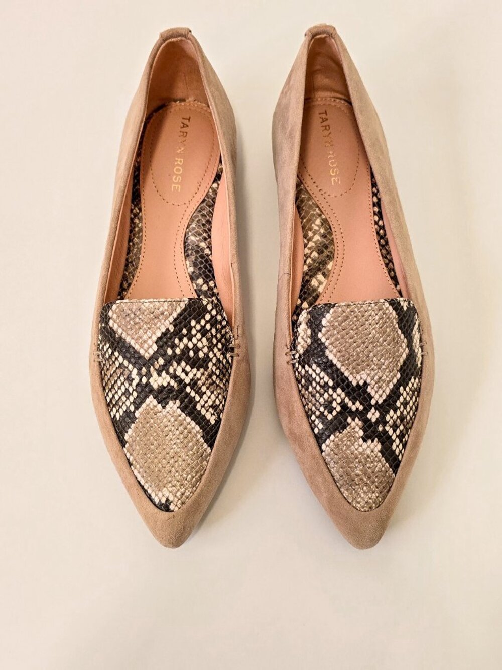 Taryn Rose Faye Silky Suede & Snakeskin Pointed Toe Flats Size 7M